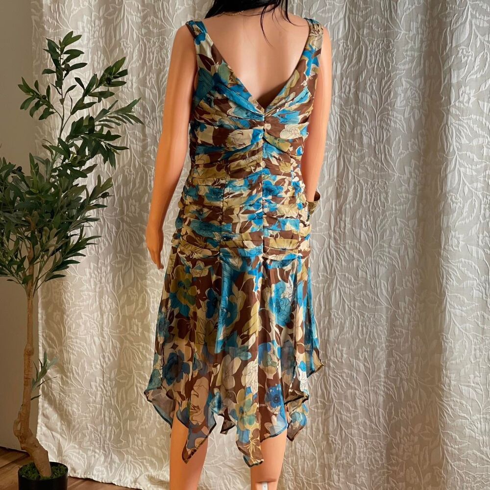Vintage Y2K Georgiou Studio Silk Floral Dress Ruched Handkerchief Hem Size 10 - Picture 4 of 8